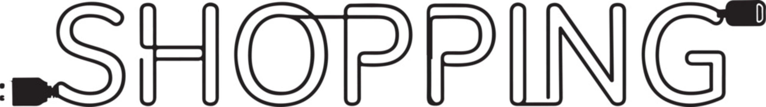 Shopping word written in a continuous line style with electrical plug and socket ends, black isolated on a white background