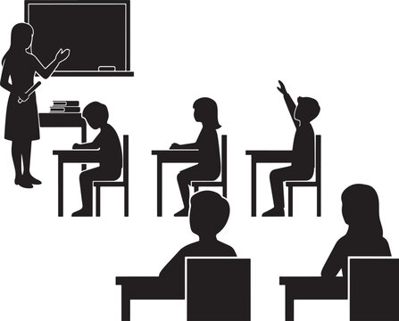Silhouette of a classroom scene with a teacher standing at a chalkboard and students sitting at desks, one raising their hand