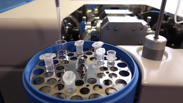 Close-up footage of a laboratory experiment with test tubes and glassware, featuring bubbling and mixing liquids. Scientific research process in a modern lab environment, showcasing chemical reactions
