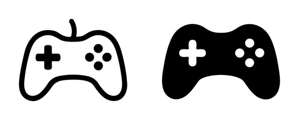 Set of black and white video game controller icons with one resembling an apple shape on transparent background © Yurii