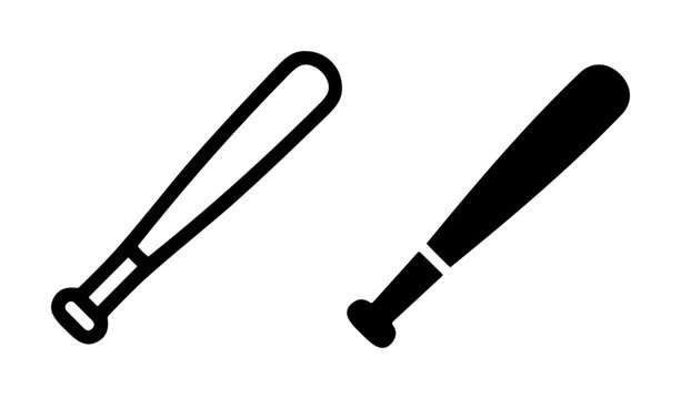 black and white baseball bat icons set with outline and filled style on transparent background