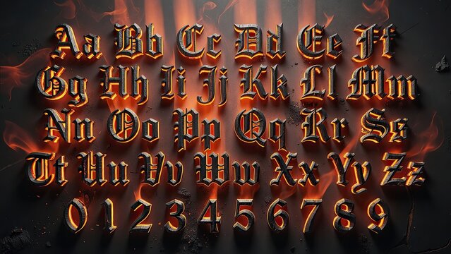 3d gothic alphabet with molten magma glow and charred metal for dark fantasy branding