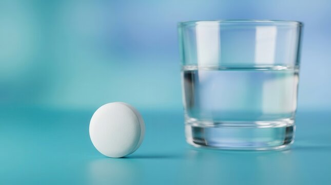 Close-up of a single sublingual medication tablet beside a glass containing clear water in a sterile setting.