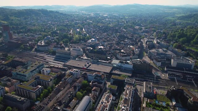 Aerial view of the city Winterthur in Switzerland on a sunny morning day in summer