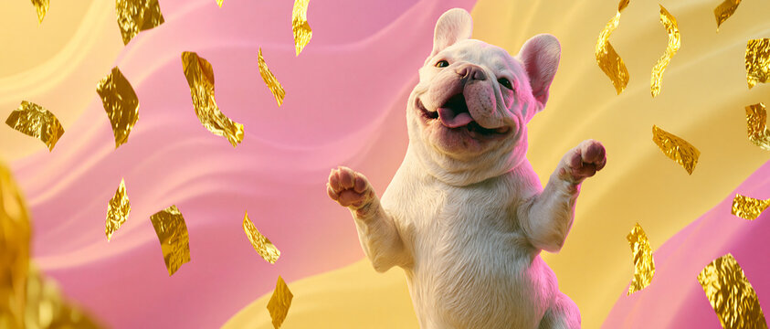 Happy cute French bulldog dancing under falling golden confetti on a vibrant pink and yellow gradient background.