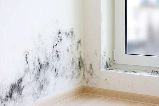 A room with mold growing on the walls near a window