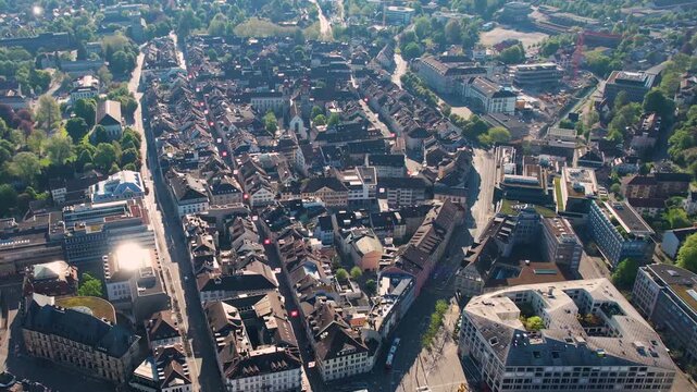 Aerial view of the city Winterthur in Switzerland on a sunny morning day in summer