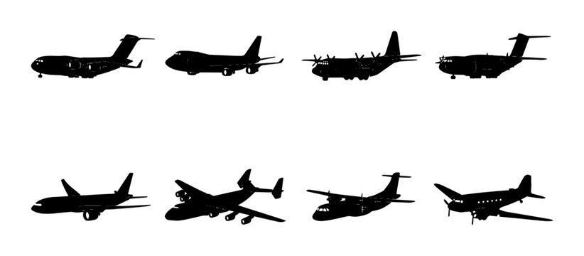Diverse Aircraft Silhouettes Collection: Jetliners, Cargo Planes, Propeller Aircraft Icons