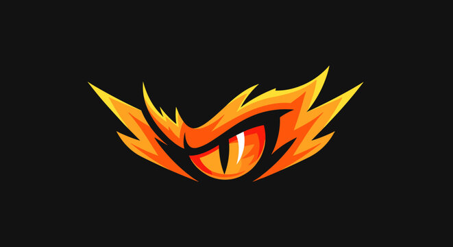 Fiery dragon eye emblem on black background.