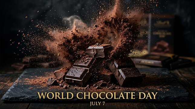 World Chocolate Day celebration with exploding cocoa powder over dark chocolate bars.