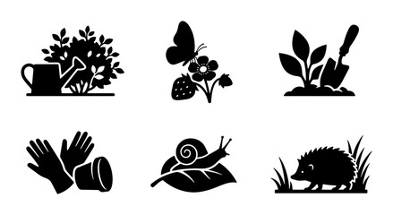 Gardening Icons Set: Watering Can, Plants, Butterfly, Hedgehog, Gloves, Snail, Vector Graphics © fr