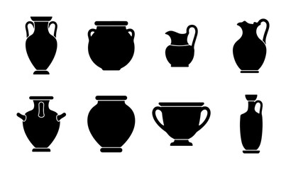 Ancient Greek Pottery Silhouettes, Ceramic Vessels Collection, Amphora and Krater Icons, Black Decorative Artifacts © Faisal