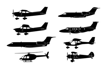Diverse Aircraft Silhouettes: Small Planes, Jets, Helicopters, Biplanes, Aviation Icons © Faisal