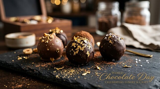 Delicious homemade chocolate truffles with nuts and sprinkles on a dark slate board, perfect for Chocolate Day celebration.