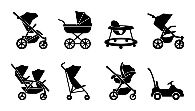 Collection of Baby Strollers and Walkers, Diverse Designs for Infants and Toddlers, Vector Icons for Parenting and Childcare