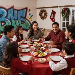 Fototapeta premium Graffiti Hispanic Childhood. A Joyful Hispanic Family Celebrates The Holidays At Home Together