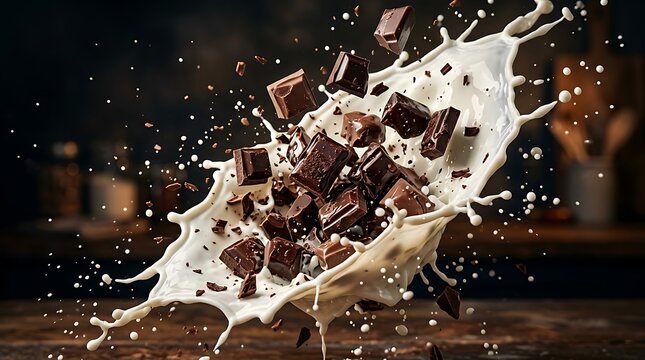 Chocolate Chunks Exploding into Creamy Milk Splash.