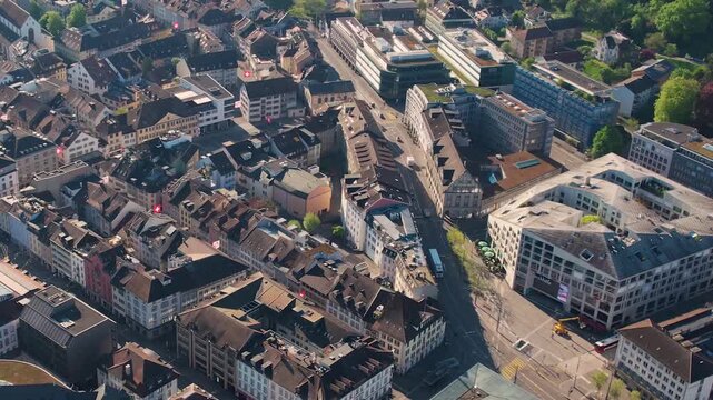 Aerial view of the city Winterthur in Switzerland on a sunny morning day in summer