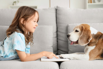 Obraz premium Cute little girl with Beagle dog reading book on sofa in living room