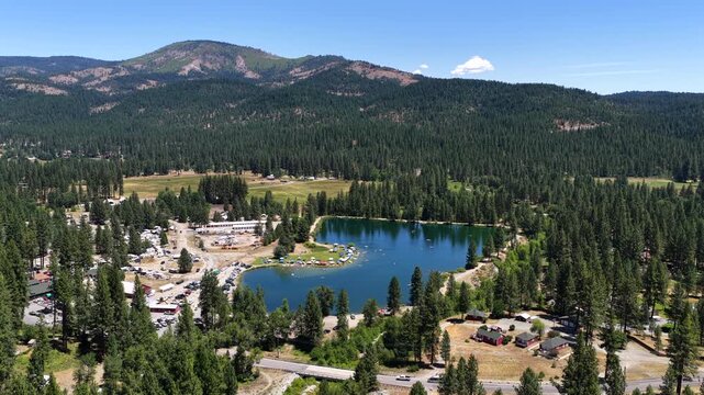 Graeagle California - Aerial Circle Around Mill Pond on Busy July Summer Weekend Facing North