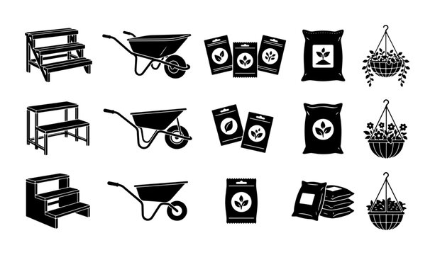 Black gardening icons set, wheelbarrow and seed packets vector collection, garden tools and hanging flower baskets, 15 silhouette elements