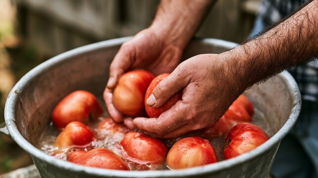 Rough Hands Washing Imperfect Tomatoes in Metal Basin, Excellent for Food Waste, Farm-to-Table and Sustainable Agriculture Concepts