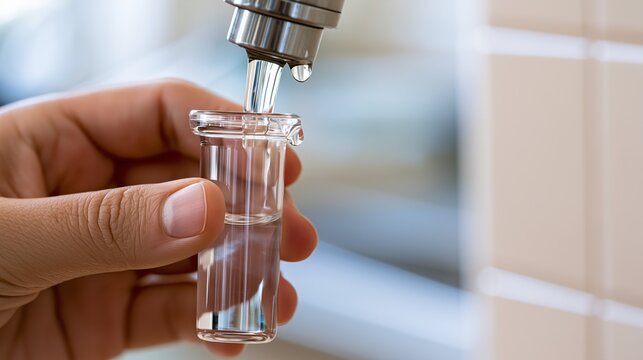 Hand Collecting Tap Water Sample for Home Test Kit, Excellent for Drinking Water Safety, Filtration and Household Health