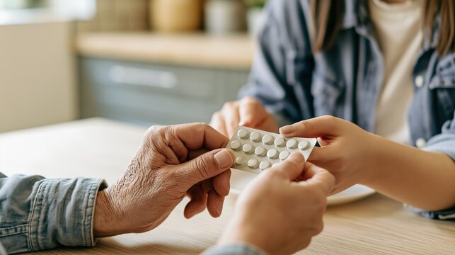 Older Adult Holding Pill Near Open Medicine Drawer, Excellent for Polypharmacy, Medication Management and Senior Healthcare