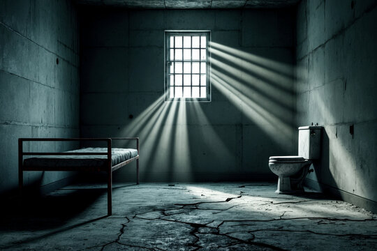 Interior of jail building inside, isolation prison cell with metal bed and toilet AI Generative