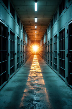 Interior of jail building inside, corridor with isolation prison cell steel doors AI Generative