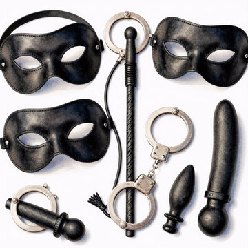 Watercolor Collage Postcard. A Collage Concept Showcasing Bdsm Sex Toys, Featuring Mask, Whip, Handcuffs, And Anal Plugs For Submission And Domination Play