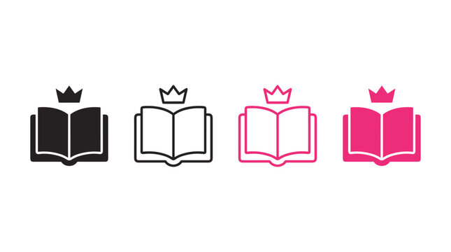 Open book with crown icon set in different styles and colors