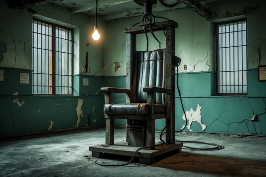 Interior of death penalty room, punishment prisoner of guilty in electric chair AI Generative