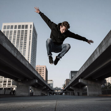 Noir Bridge Jump. Young Man Performing Parkour On A Concrete Bridge In City Environment With Spread-Out Arms And Clear Sky
