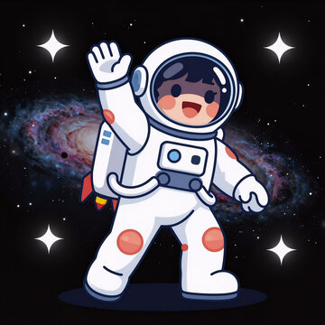Fashion Illustration Astronaut Rocketman. Digital Illustration Of A Cartoon Astronaut Waving In Space