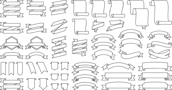 Set of vintage ribbon banners and paper scroll outlines for design elements isolated on white background