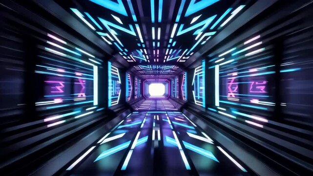 Futuristic sci-fi corridor with glowing neon lights flying towards a bright portal