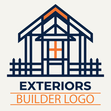Contemporary Timber Frame House Logo Vector Illustration with Clean Monoline Exterior Architecture in Blue and Orange