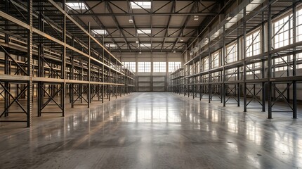 Fototapeta premium Labor day logistics large empty warehouse interior with steel racking systems and concrete floor