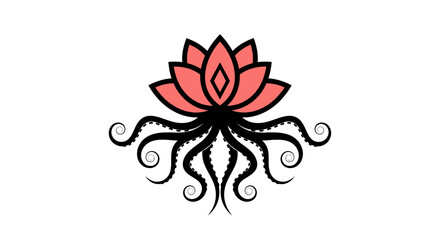 Lotus flower with octopus tentacles roots botanical logo. © Nmm