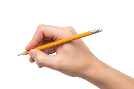 Hand holding pencil showing a person writing or drawing with a classic yellow wooden stationery tool for creative education and office work