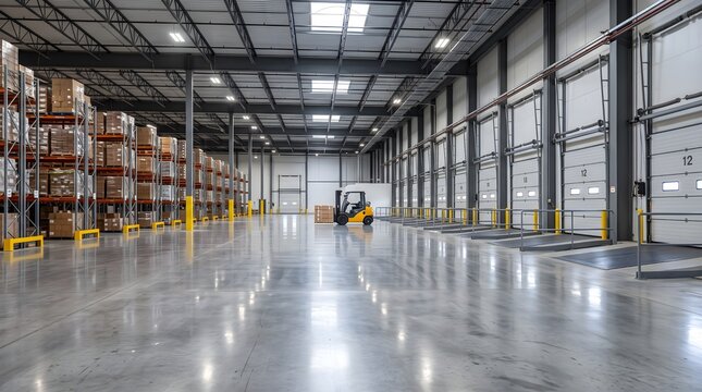 Labor day logistics large distribution warehouse with forklift and shipping docks for supply chain