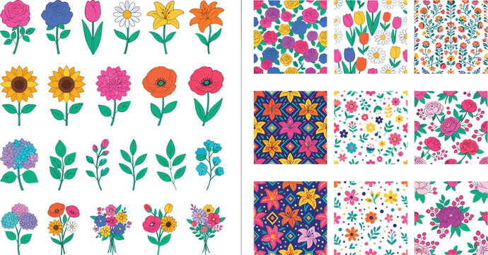 Vibrant Floral Vector Kit Featuring Colorful Flower Clip Art Icons and Matching Seamless Patterns for Summer Textile and Fabric Surface Pattern Designs