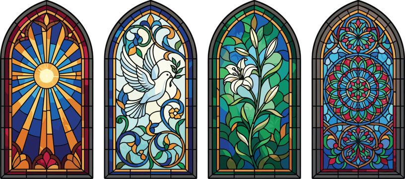 Christian Stained Glass Window Vector Set Featuring Arch Designs with Holy Spirit Dove Peace Lily Sunburst and Cathedral Mosaic Pattern Isolated on White