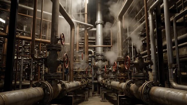 Inside a facility, steam rises from complex piping with valves, creating industrial ambiance