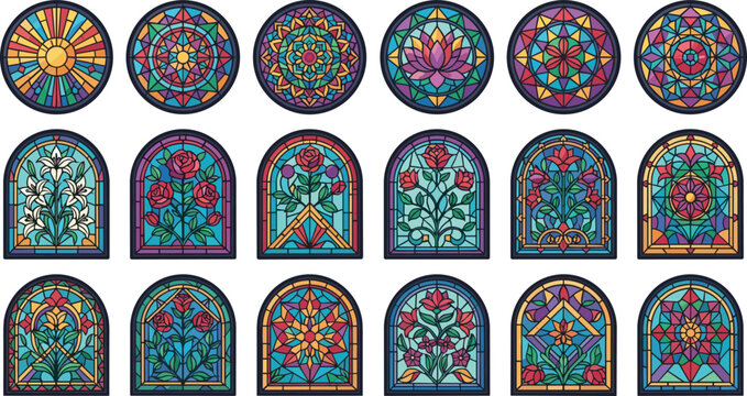 Stained glass window vector panel set with colorful floral designs including roses lilies lotus flowers and kaleidoscopic mandalas for church or home decor