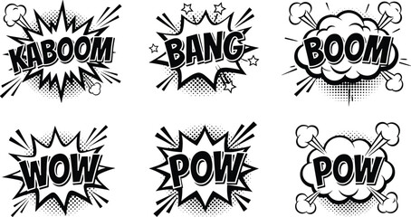 Black and White Pop Art Comic Book Sound Effects Vector Icon Set Featuring Kaboom Bang Boom Wow and Pow Halftone Speech Bubbles Isolated on White © Rofiqul