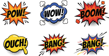 Pop Art Comic Book Sound Effects Vector Icon Set Featuring Pow Wow Boom Ouch and Bang Halftone Explosion Speech Bubbles Isolated on White Background © Rofiqul
