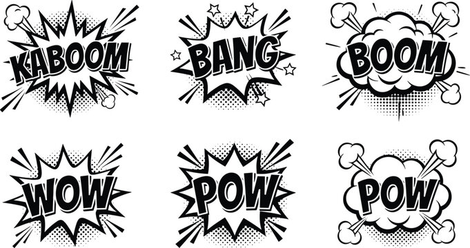 Black and White Pop Art Comic Book Sound Effects Vector Icon Set Featuring Kaboom Bang Boom Wow and Pow Halftone Speech Bubbles Isolated on White