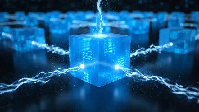 Interconnected network of blue cubes, linked by shimmering energy lines on dark plane